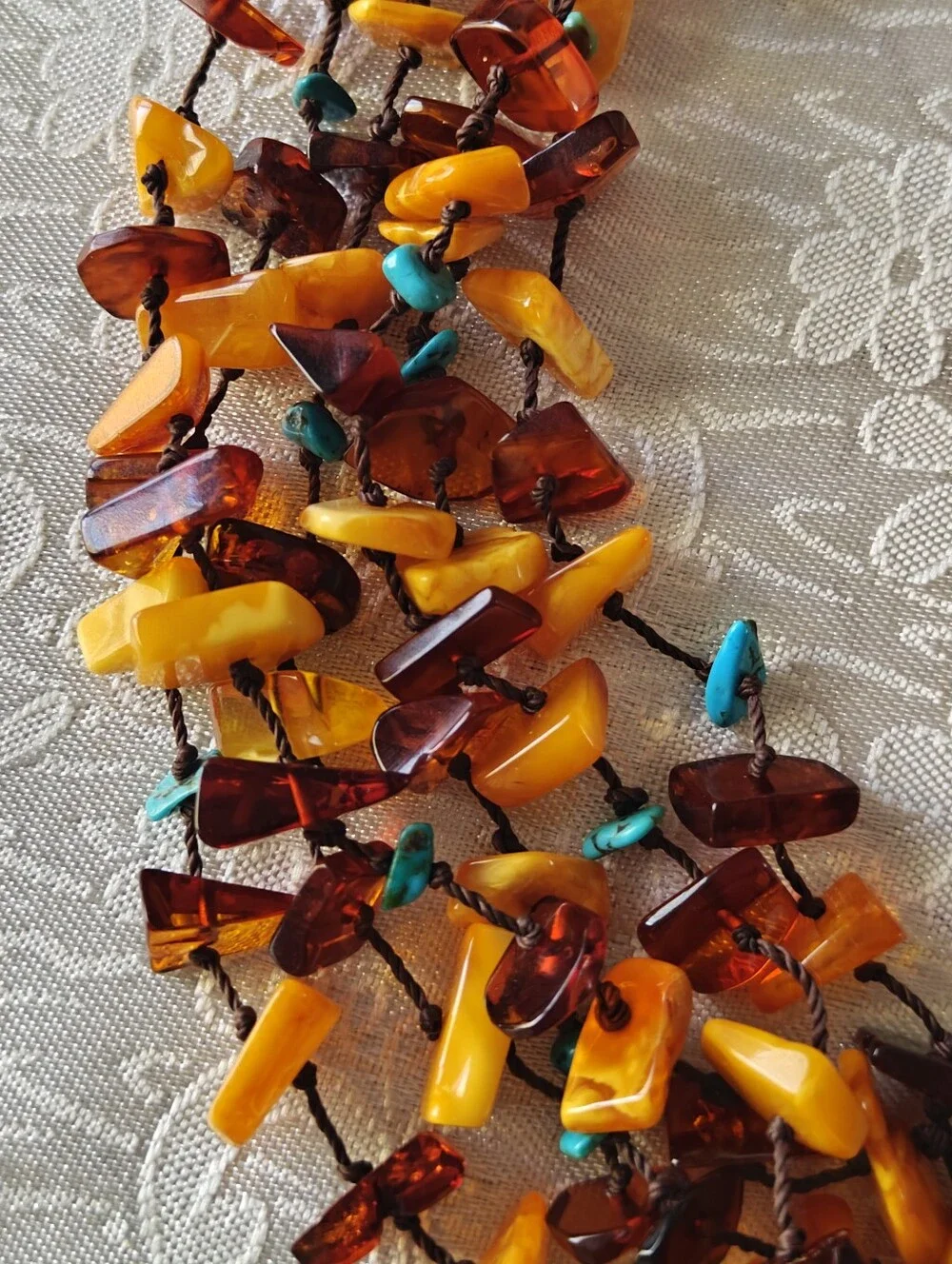 Genuine Amber & Turquoise Six Strand Necklace - Picture 9 of 16
